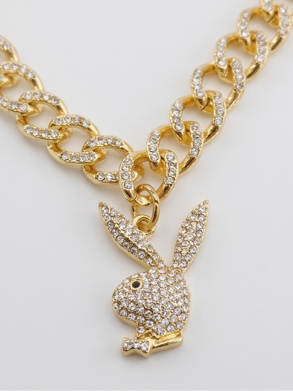 Playboy Gold-Tone Rhinestone Cuban Link Bling Necklace New!
